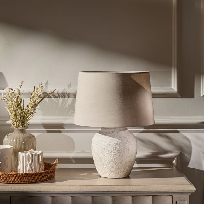 Selham 30cm Rustic White Ceramic Lamp Base & Coningsby Taupe Cotton Lampshade - 35cm - Laura James