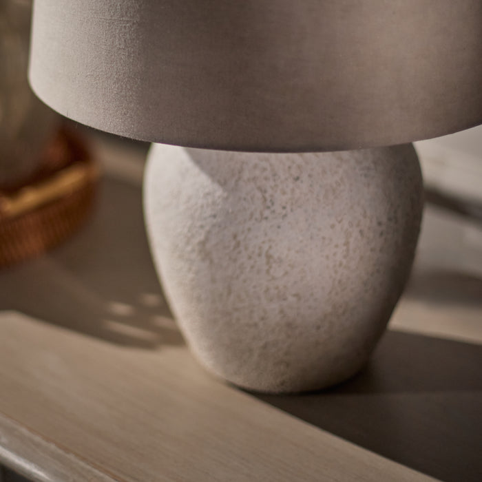Selham 30cm Ceramic Lamp Base - Rustic White with Coningsby 35cm Cotton Lamp Shade - Taupe - Laura James