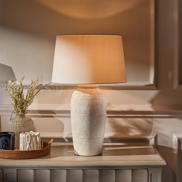 Selham 47cm Rustic White Ceramic Lamp Base & Coningsby Snow White Cotton Lampshade - 40cm - Laura James