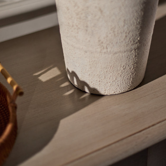 Selham 47cm Ceramic Lamp Base - Rustic White with Coningsby 40cm Cotton Lamp Shade - Snow White - Laura James