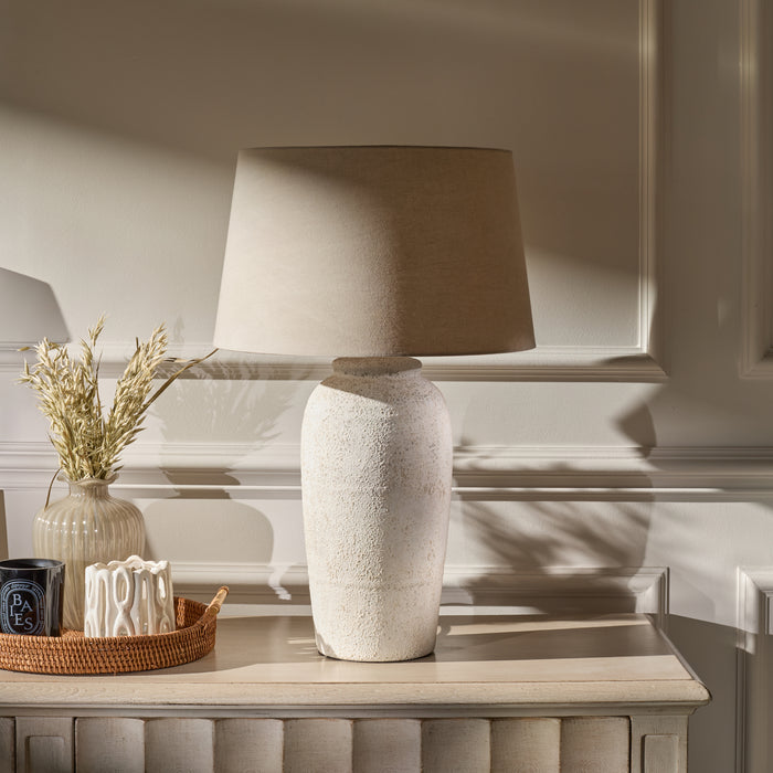 Selham 47cm Rustic White Ceramic Lamp Base & Coningsby Taupe Cotton Lampshade - 40cm - Laura James