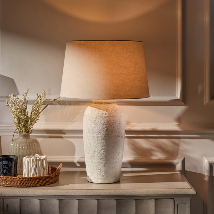 Selham 47cm Rustic White Ceramic Lamp Base & Coningsby Taupe Cotton Lampshade - 40cm - Laura James