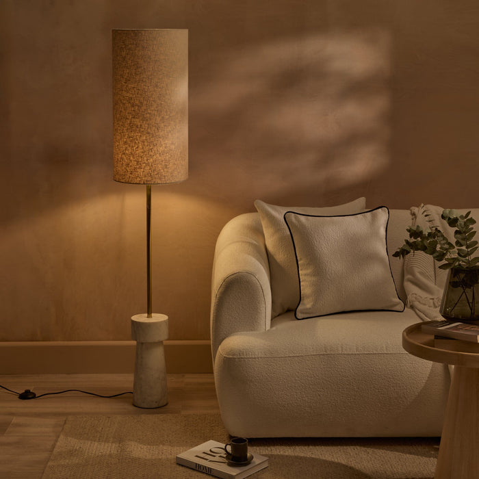 Tiree 97cm White Marble Floor Lamp Base with Tiree 30cm Tall Lamp Shade - Ivory Boucle - Laura James
