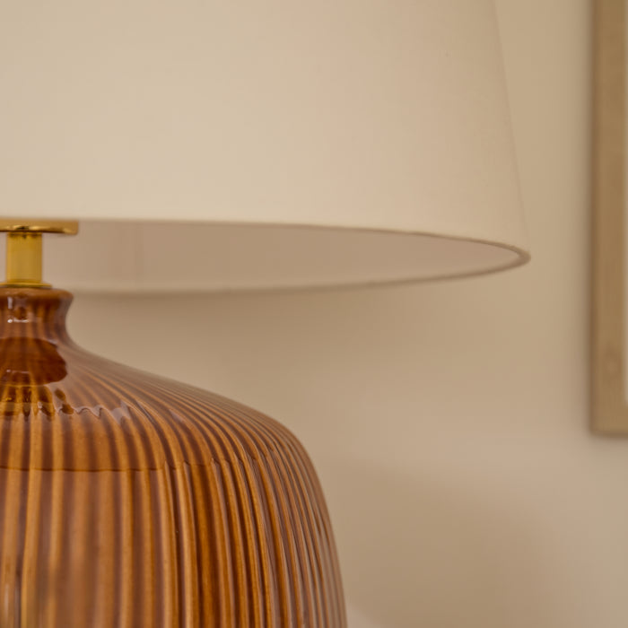 Tongham 31cm Ceramic Lamp Base - Saffron Yellow & Coningsby 40cm Cotton Lamp Shade - Snow White - Laura James