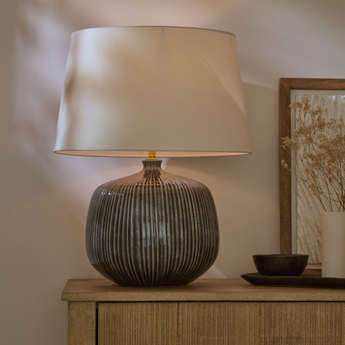 Tongham 31cm Ceramic Lamp Base - Dark Grey & Coningsby 40cm Cotton Lamp Shade - Snow White - Laura James