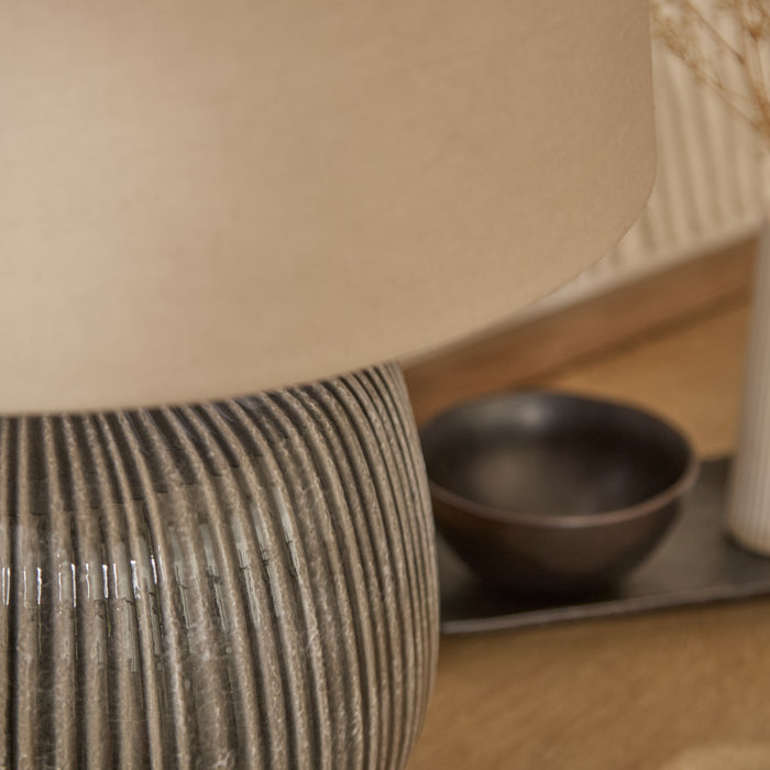 Tongham 31cm Ceramic Lamp Base - Dark Grey & Coningsby 40cm Cotton Lamp Shade - Taupe - Laura James