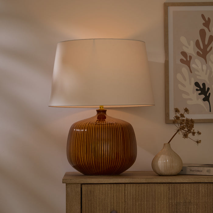 Tongham 31cm Ceramic Lamp Base - Saffron Yellow & Coningsby 40cm Cotton Lamp Shade - Snow White - Laura James