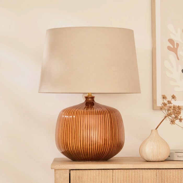 Tongham Saffron Yellow Ceramic Table Lamp & Coningsby Taupe Cotton Lampshade - 40cm - Laura James