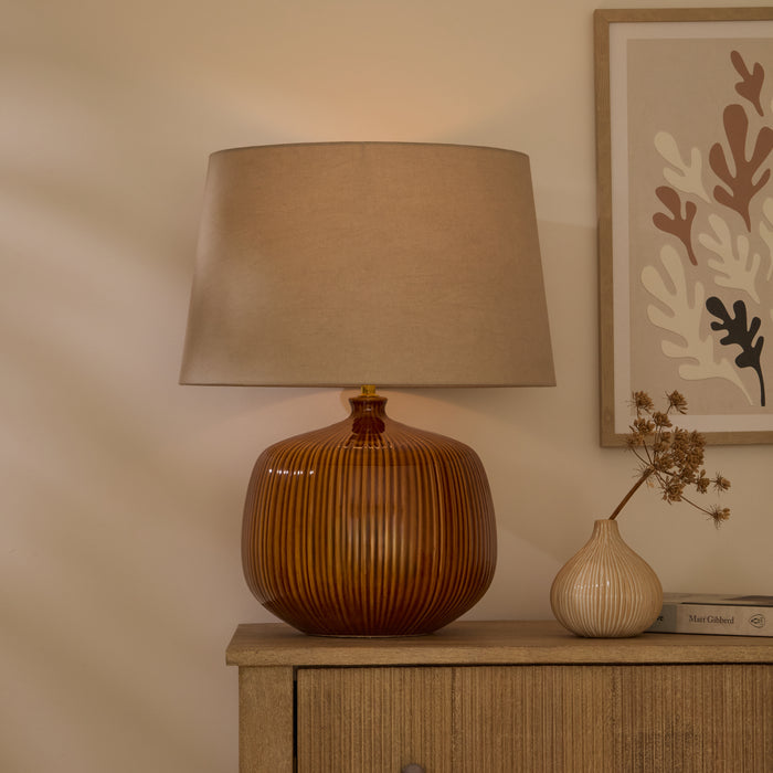 Tongham 31cm Ceramic Lamp Base - Saffron Yellow & Coningsby 40cm Cotton Lamp Shade - Taupe - Laura James