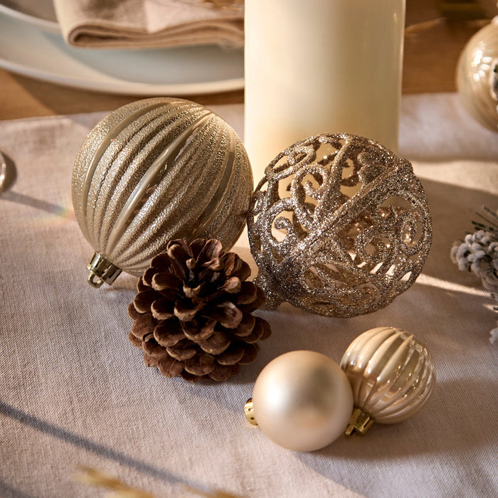 Valen Shatterproof 8cm Mixed Baubles - Set of 16 - Pearl Gold - Laura James