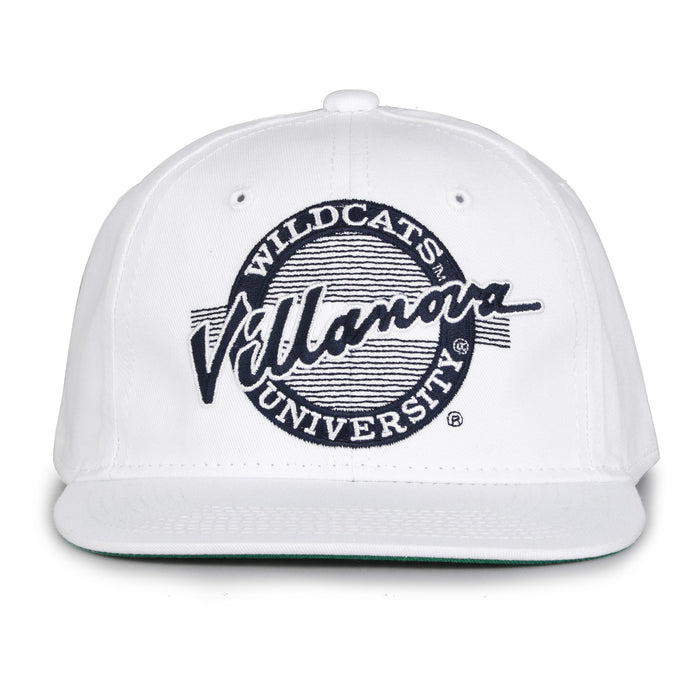 Villanova Retro Circle snapback hat in white, front view