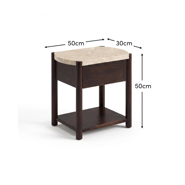 Viola 1 Drawer Bedside Table - Lady Grey Marble & Coffee Brown Mango Wood - Laura James