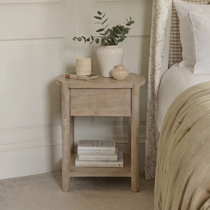 Viola 1 Drawer Bedside Table - Travertine Effect & Chalked Mango Wood - Laura James