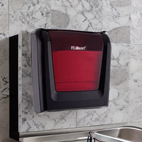Flosoft tissue dispenser contents and components flat lay