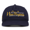 West Virginia Mountaineers Original Heritage Bar Snapback in navy, front view of embroidered school script and bar design