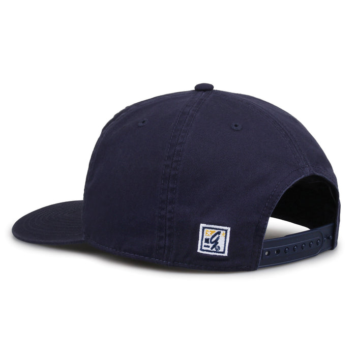 West Virginia Mountaineers Original Heritage Bar Snapback in navy, rear view showing adjustable snapback closure