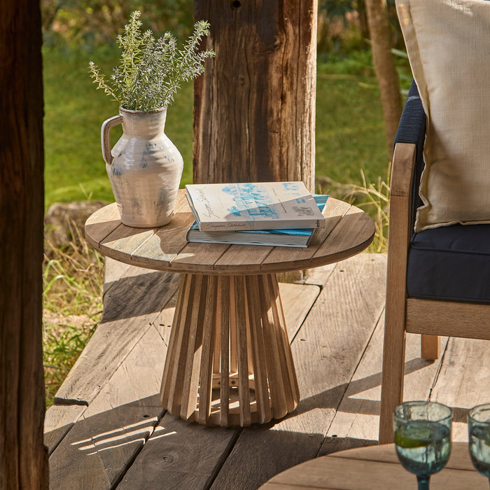 Willow Round Wooden Garden Coffee Table - Brushed Light Acacia - Laura James