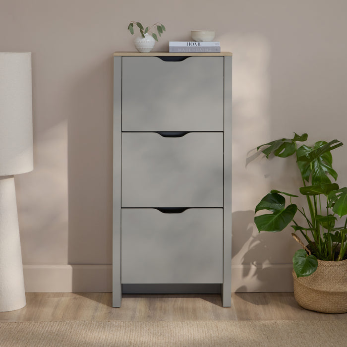Windsor 60cm Three Door Shoe Cabinet - Pale Grey with Coastal Oak Top - Laura James