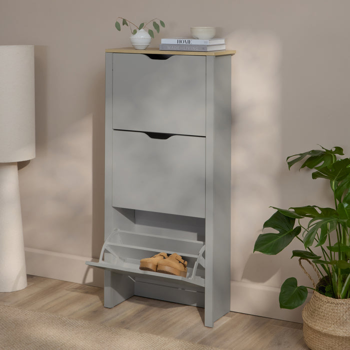 Windsor 60cm Three Door Shoe Cabinet - Pale Grey with Coastal Oak Top - Laura James